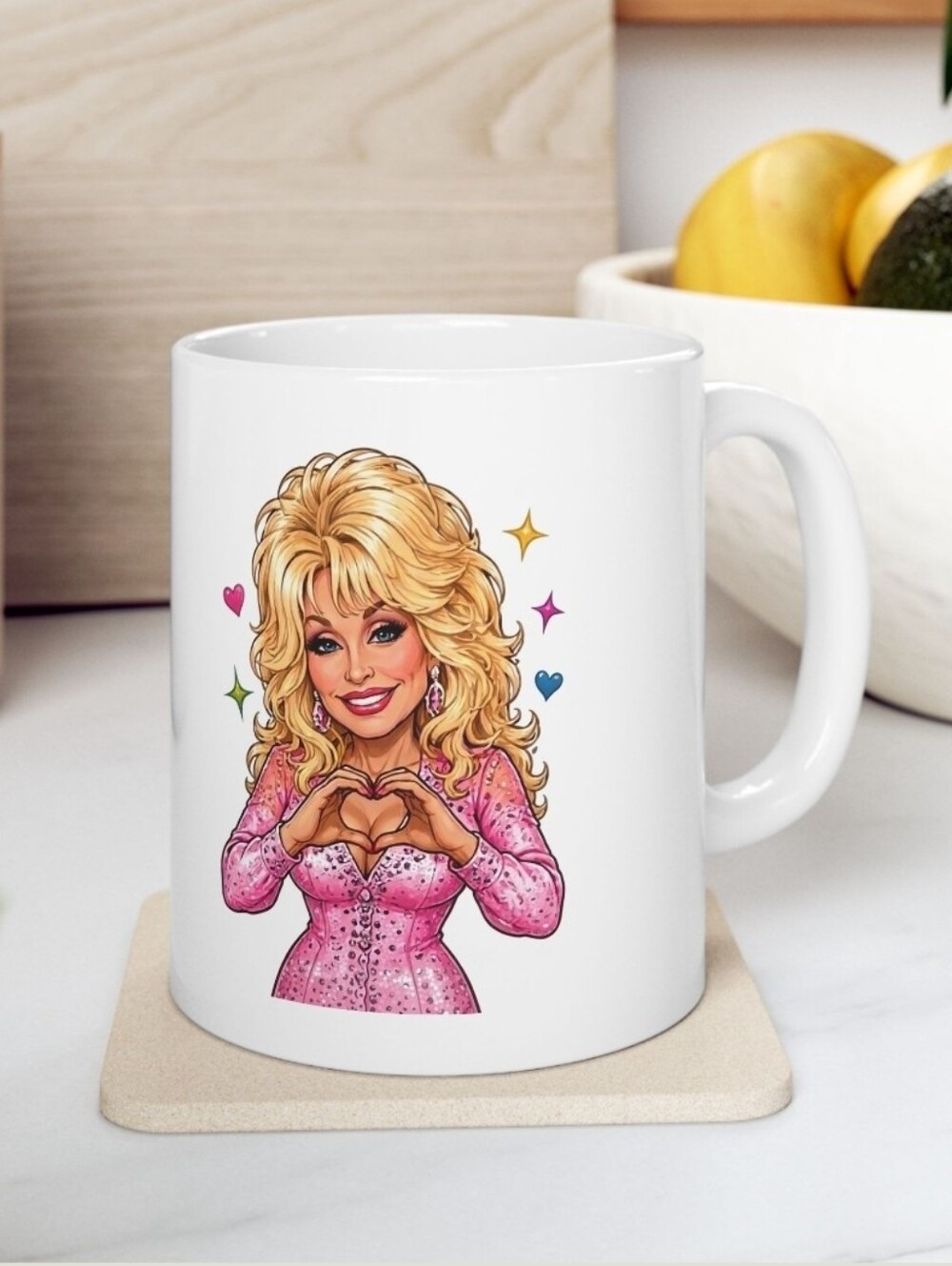 White Ceramic Mug with Pink Sequin Dress Illustration Of DOLLY PARTON